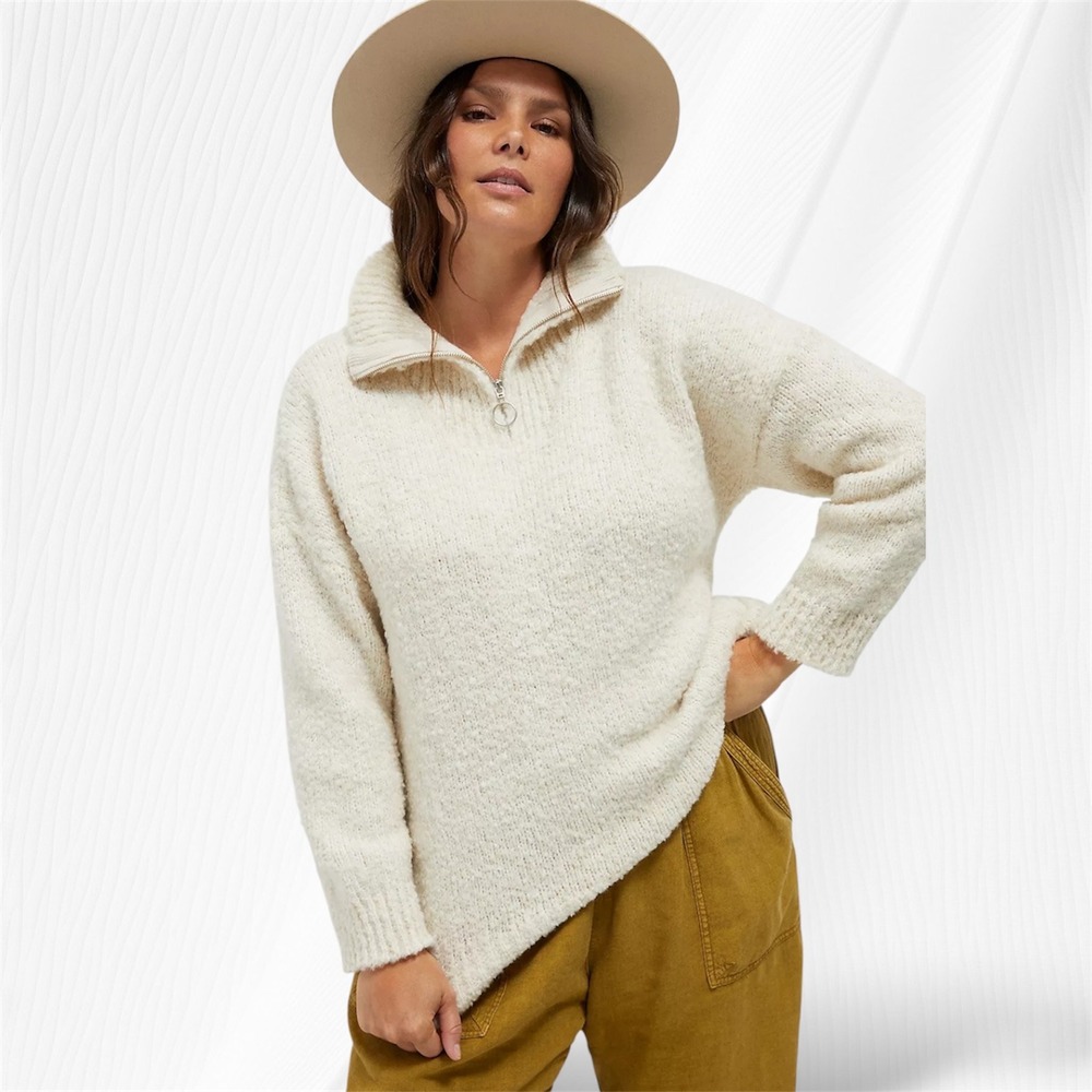 Anthropologie Pullover Sweater Quarter Zip Mock Neck Beige Boucle Knit